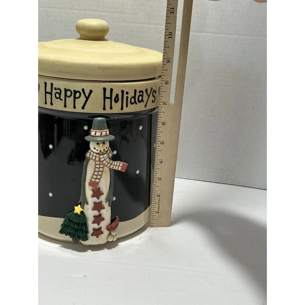 Happy Holidays Snowman Ceramic Canister Navy‎ Blue Christmas Cookie Jar 8.5in